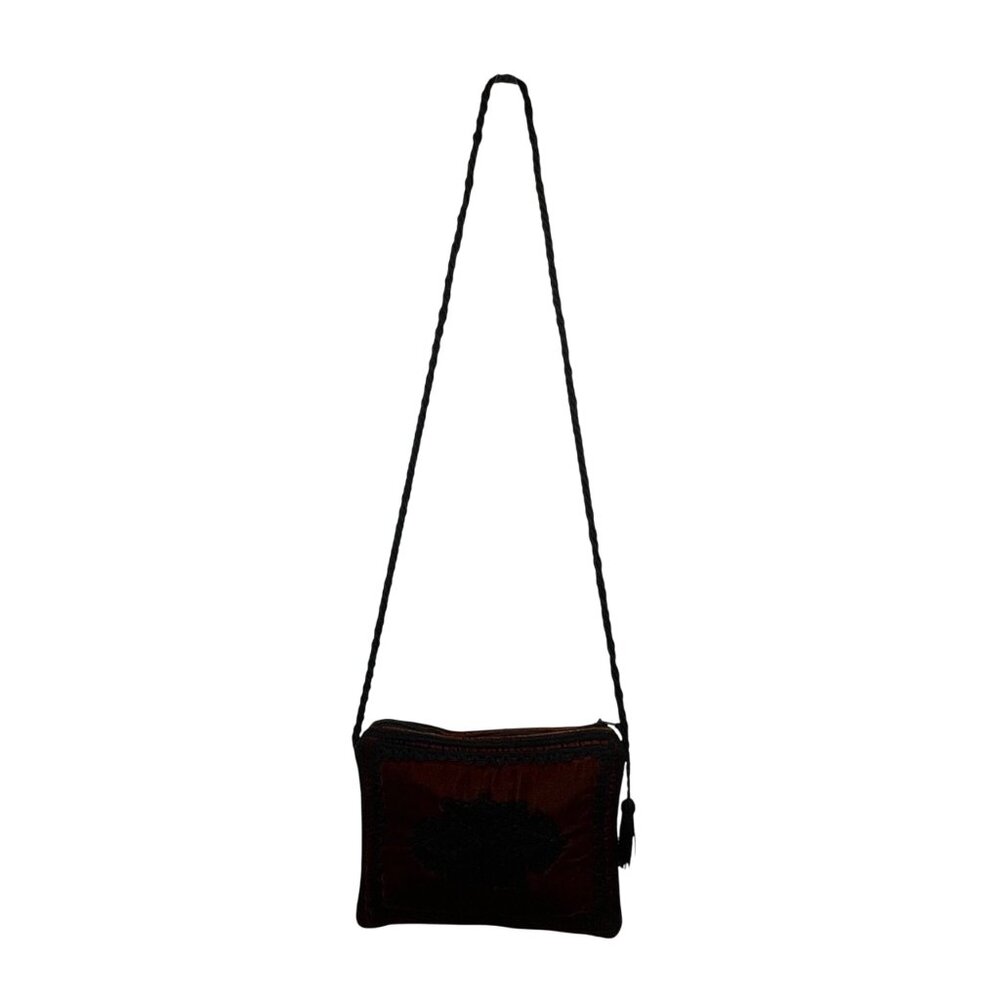 Women’s Orange & Black Velvet Embroidered Tassel Zipper Strap Crossbody Purse